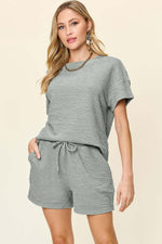 DOUBLE TAKE Full Size Texture Short Sleeve T-Shirt and Drawstring Shorts Set at Bella Road