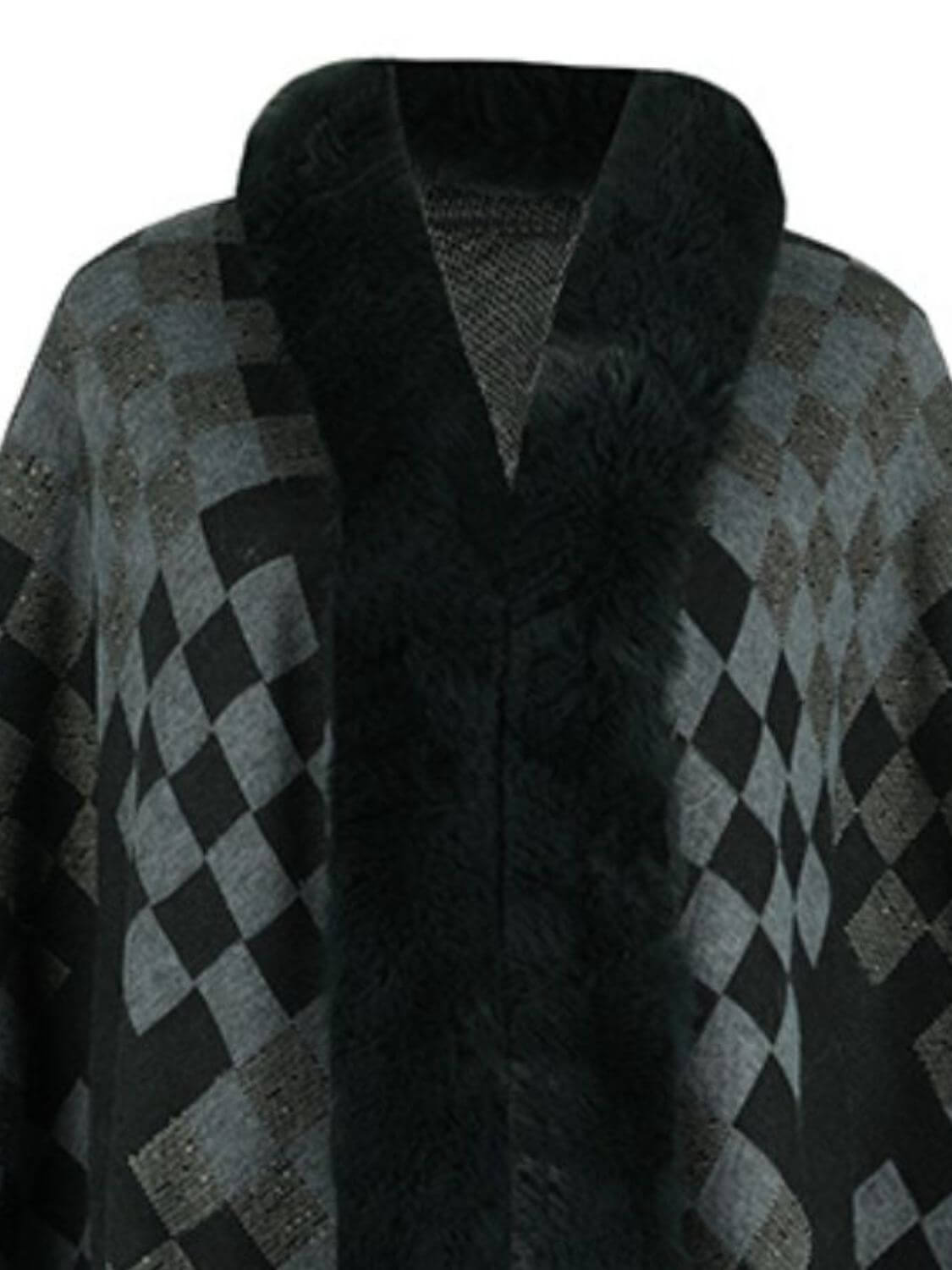 Cozy Bella Road fuzzy checkered long sleeve poncho in stylish gray and black hues, perfect for fall layering.