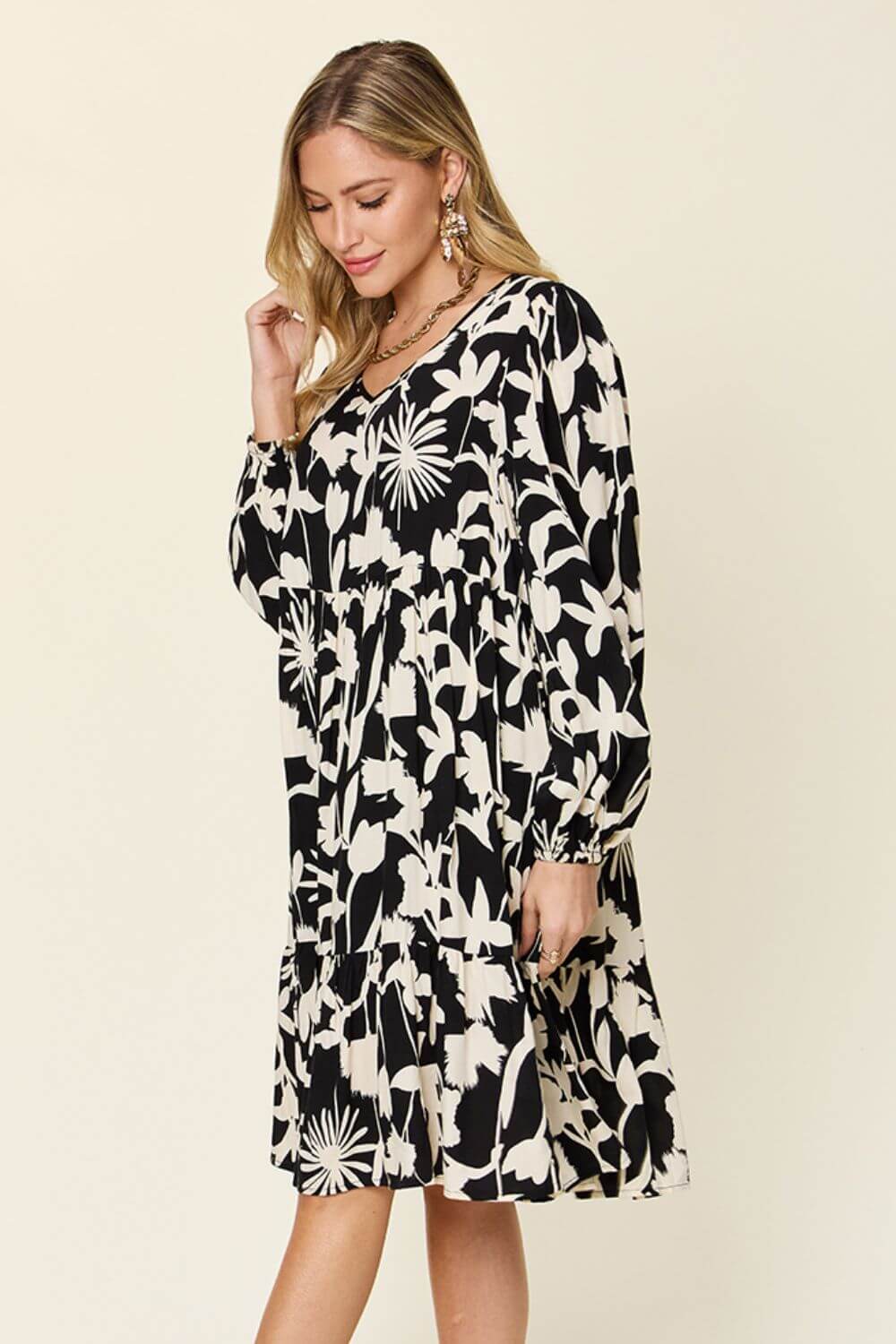 DOUBLE TAKE Full Size Printed Ruffle Hem Long Sleeve Dress at Bella Road