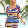 Rainbow Stripe Scalloped V-Neck Cover-Up Dress - Navy