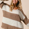 BiBi Slit Striped V-Neck Dropped Shoulder Sweater - Mocha