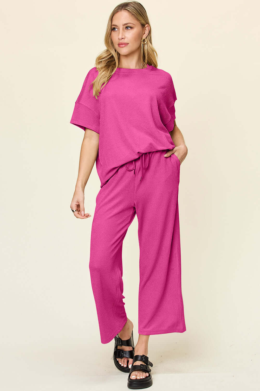 DOUBLE TAKE Full Size Texture Round Neck Short Sleeve T-Shirt and Wide Leg Pants at Bella Road