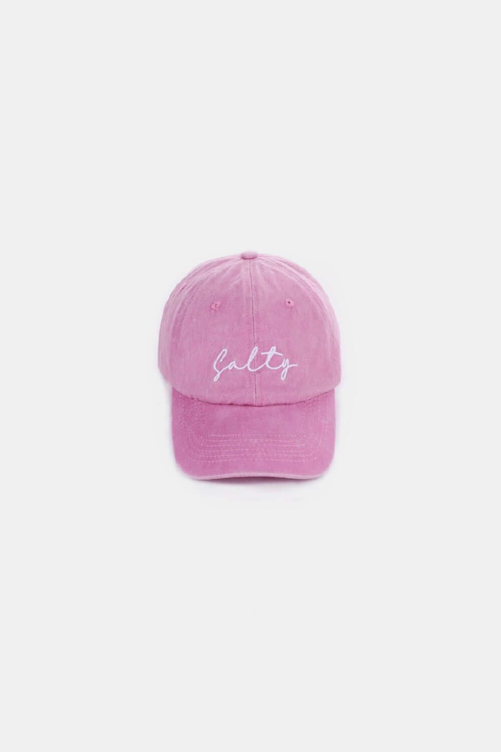 SALTY embroidered vintage washed pink baseball cap with a distressed look and retro charm, perfect for a casual, laid-back style.