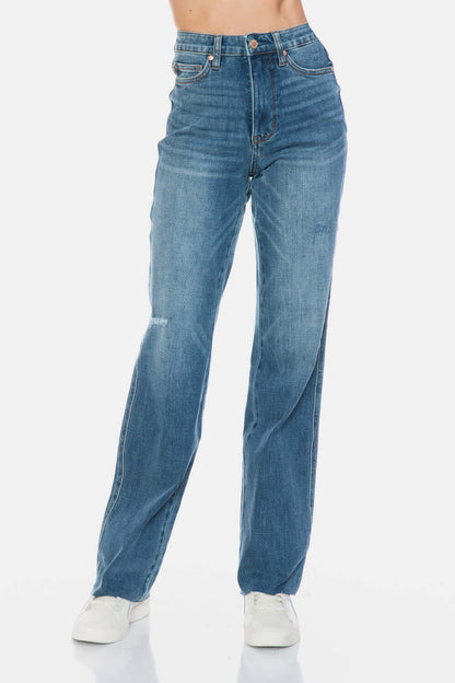 Judy Blue high-waist tummy control jeans with raw hem and straight fit, perfect blend of style and comfort for versatile looks.