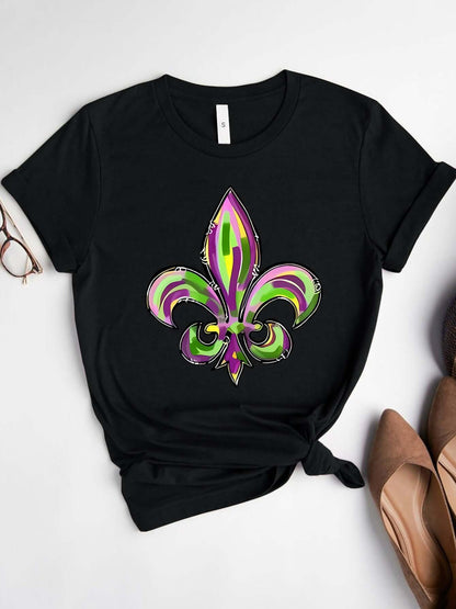 Bella Road Mardi Gras graphic tee featuring vibrant purple and green fleur-de-lis design on a black background.