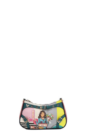 Nicole Lee USA Crescent Shaped Crossbody Bag featuring colorful design and strap for stylish hands-free wear.