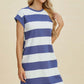 Woman wearing Basic Bae Full Size Striped Round Neck Cap Sleeve Mini Dress in blue and white standing against a neutral background