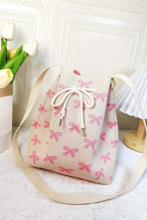 Ribbon Bowknot Pattern Crossbody Bucket Bag with Pink Bows