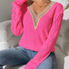 Bella Road Openwork V-Neck Long Sleeve Sweater - Strawberry