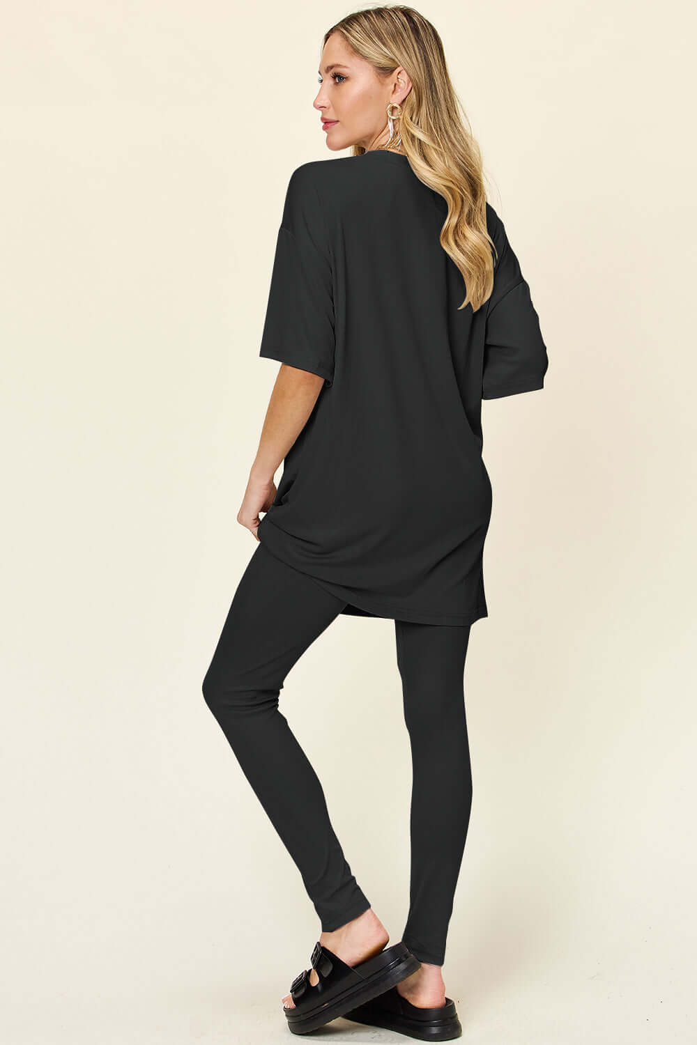 DOUBLE TAKE Full Size Round Neck Dropped Shoulder T-Shirt and Leggings Set at Bella Road