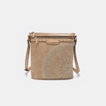 Nicole Lee USA Metallic Stitching Embroidery Inlaid Rhinestone Crossbody Bag with Front and Back Zip Pockets