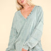 VERY J Washed V-Neck Exposed Seam Knit Top - Sage