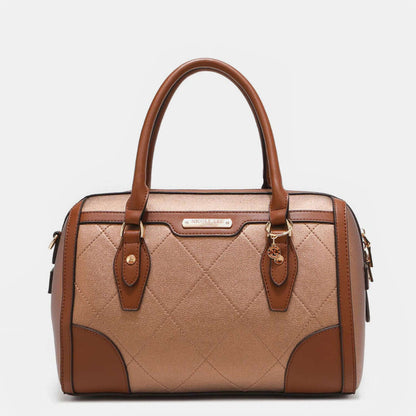 Nicole Lee USA diamond quilted Boston bag with brown vegan leather, medium size, featuring a modern yet timeless design with elegant stitching.