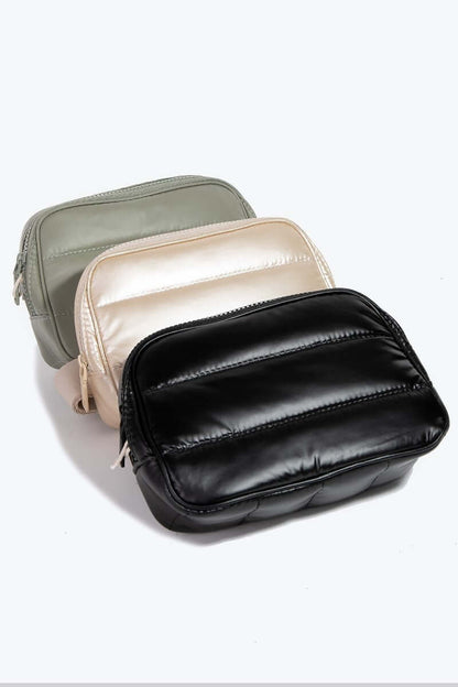 Stylish quilted nylon crossbody bags in black, beige, and green, perfect for everyday fashion and practicality.