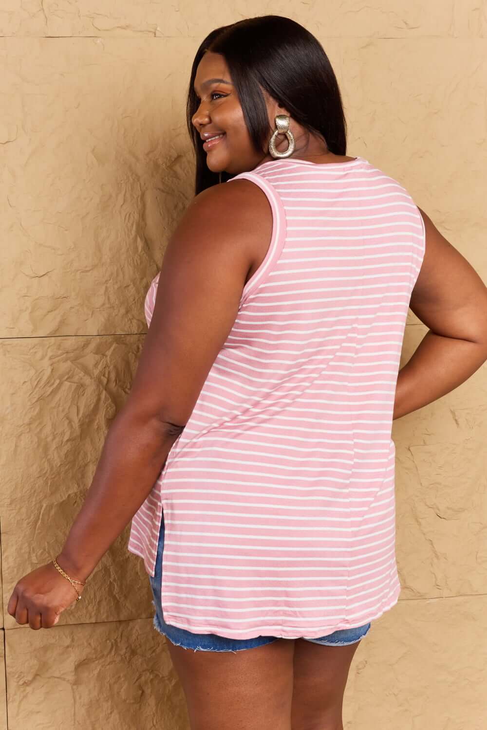 DOUBLJU Talk To Me Full Size Striped Sleeveless V-Neck Top at Bella Road