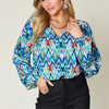 Printed Balloon Sleeve Blouse | Full Size - Sky Blue