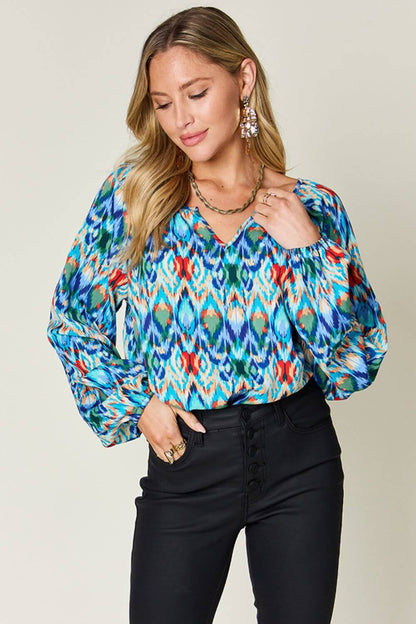 DOUBLE TAKE Full Size Printed Balloon Sleeve Blouse at Bella Road