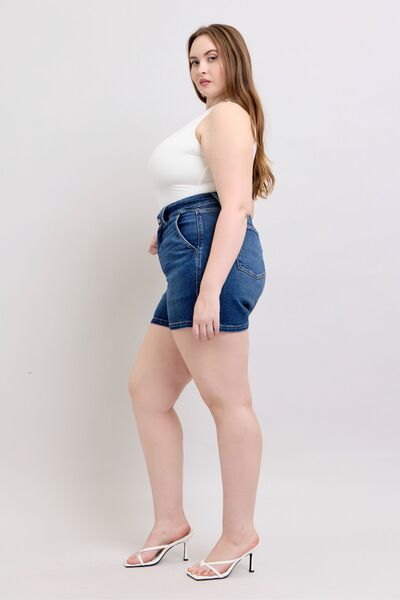 Judy Blue plus size denim shorts with double button waistband, showcasing a flattering high-waisted fit.