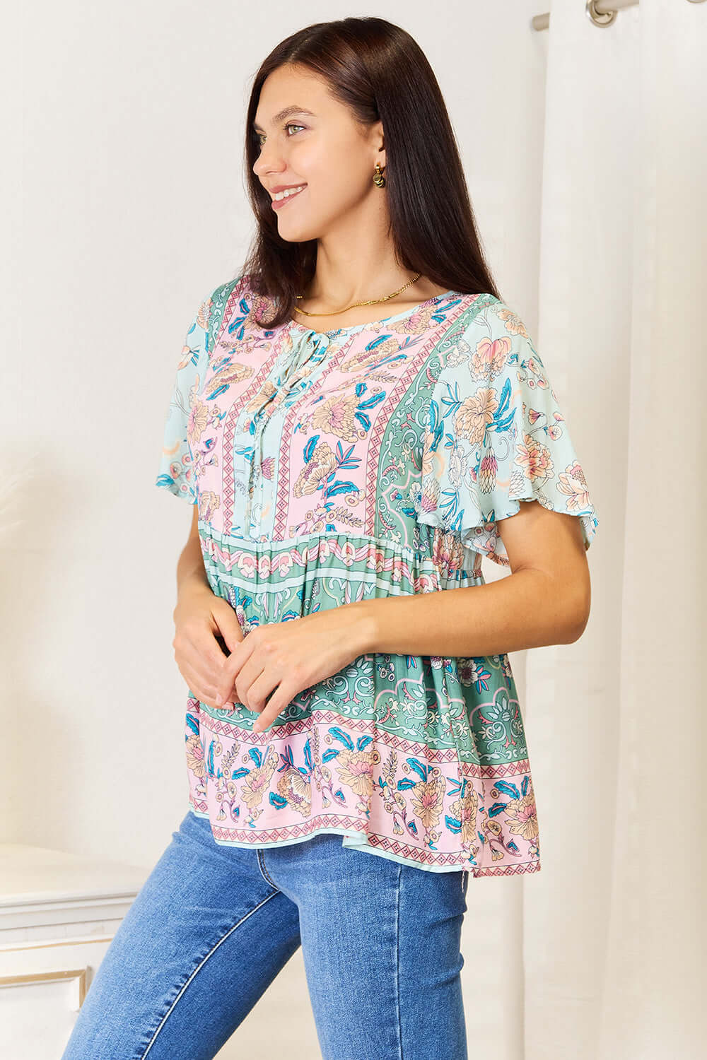 DOUBLE TAKE Floral Tie Neck Short Sleeve Blouse at Bella Road