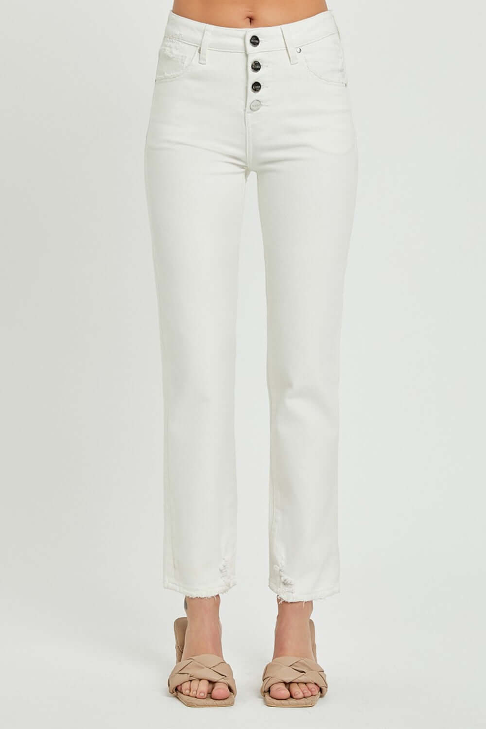 Mid-Rise Tummy Control Straight White Jeans by Risen Jeans, front view with buttons, perfect for versatile styling.