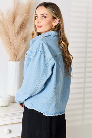 DOUBLE TAKE Dropped Shoulder Raw Hem Denim Jacket at Bella Road