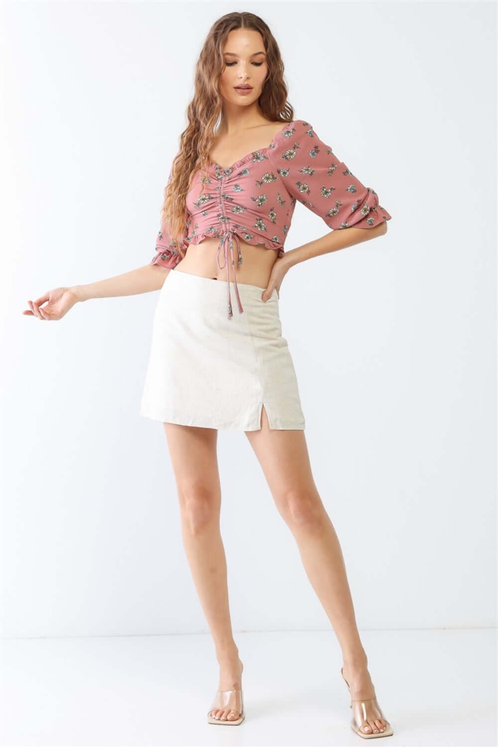 TASHA APPAREL Floral Ruffle Smocked Back Ruched Crop Top at Bella Road