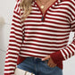 Woman wearing Perfee Striped Long Sleeve Hooded Sweater in burgundy, styled with jeans, perfect cozy fashion for chilly days.