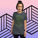 Woman wearing My Friends All Smell Like Weed or Little Babies t-shirt against geometric background