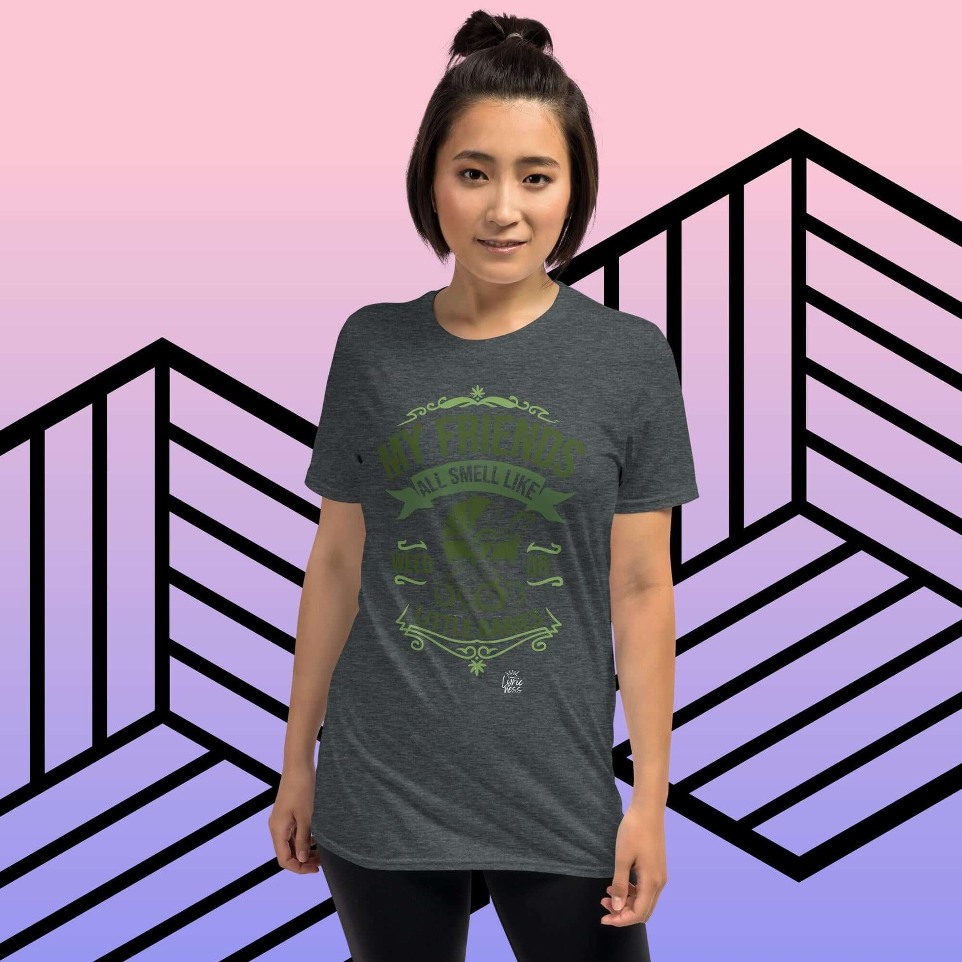 Woman wearing My Friends All Smell Like Weed or Little Babies t-shirt against geometric background