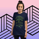 Woman wearing My Friends All Smell Like Weed or Little Babies T-Shirt with geometric background.