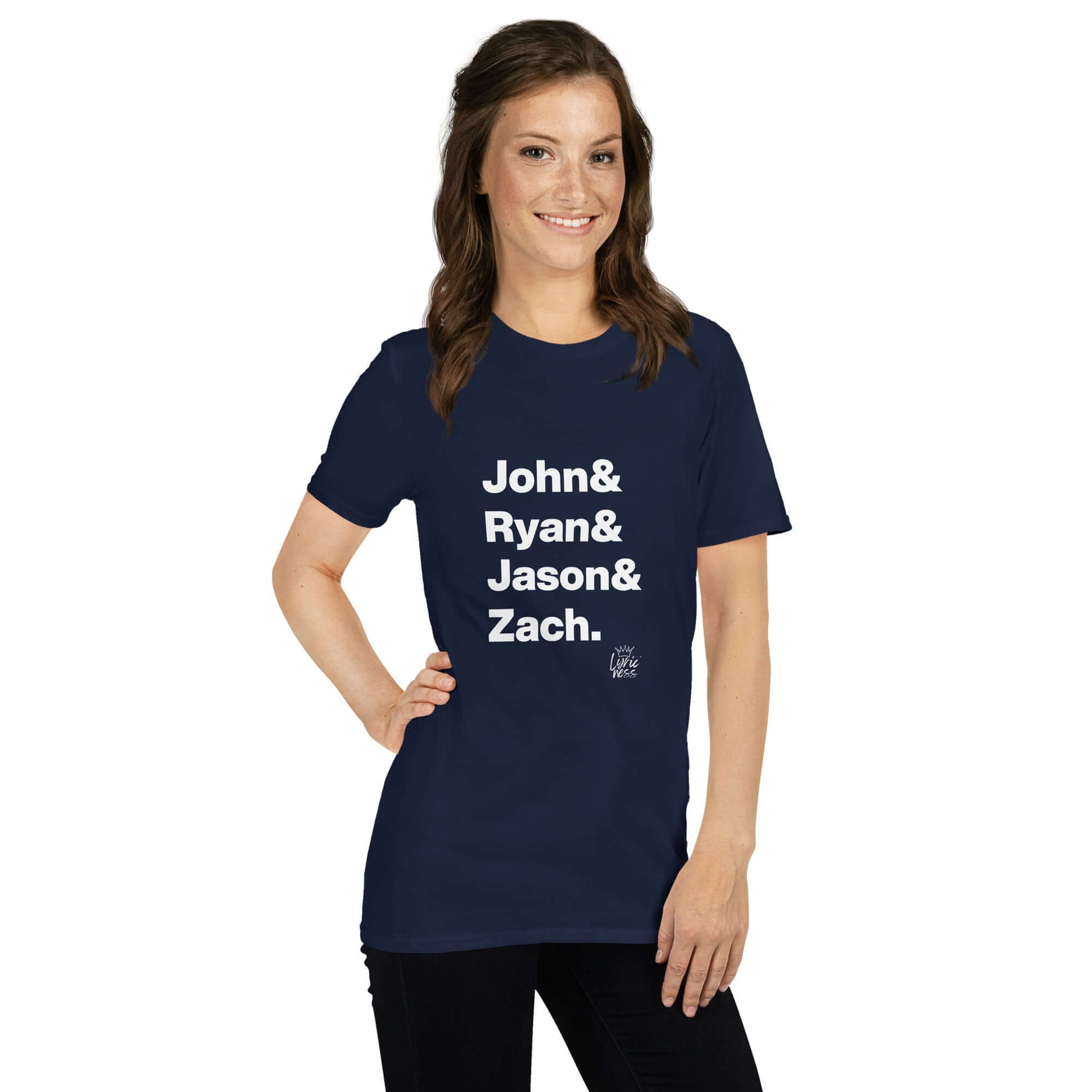 Woman wearing 'Americana Heroes' navy short-sleeve unisex t-shirt honoring John Prine, Ryan Adams, Jason Isbell, and Zach Bryan.