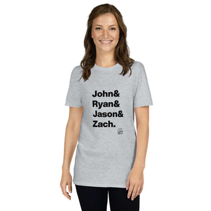 Woman wearing Americana Heroes short-sleeve unisex t-shirt honoring John Prine, Ryan Adams, Jason Isbell, and Zach Bryan.