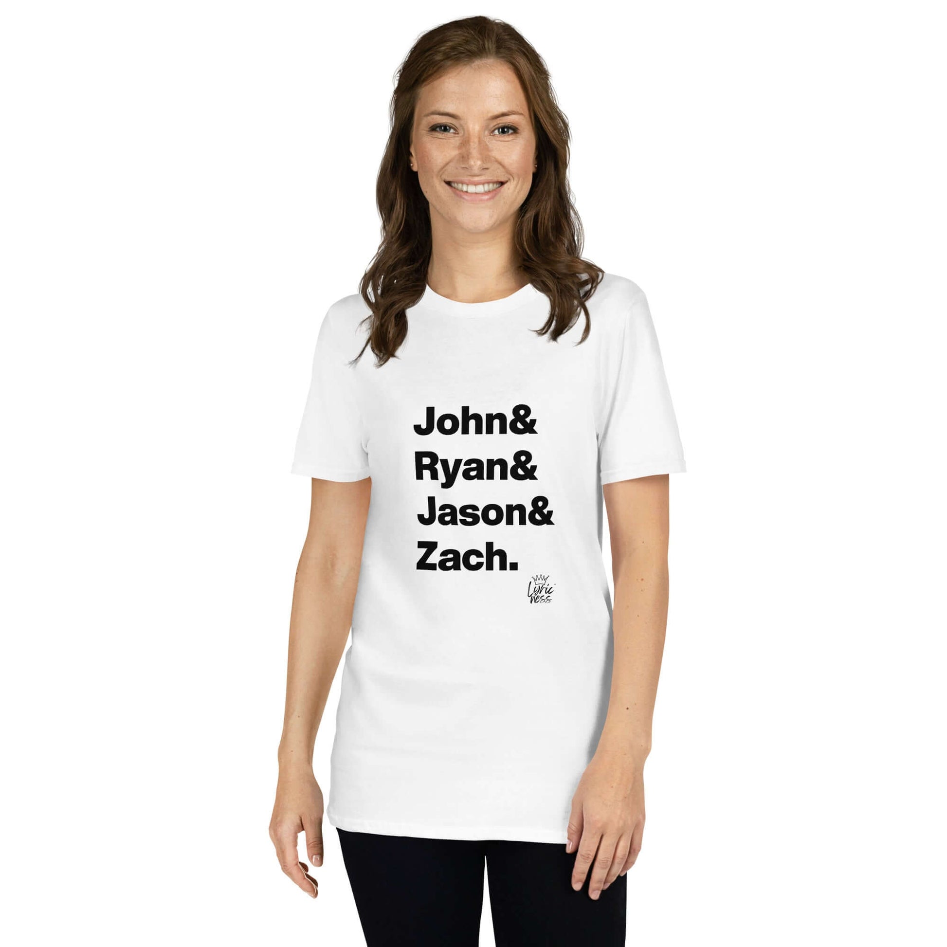 Woman wearing 'Americana Heroes' short-sleeve unisex t-shirt honoring John Prine, Ryan Adams, Jason Isbell, and Zach Bryan.