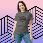 Woman wearing "Who Uses Typewriters Anyway?" unisex t-shirt with graphic design background