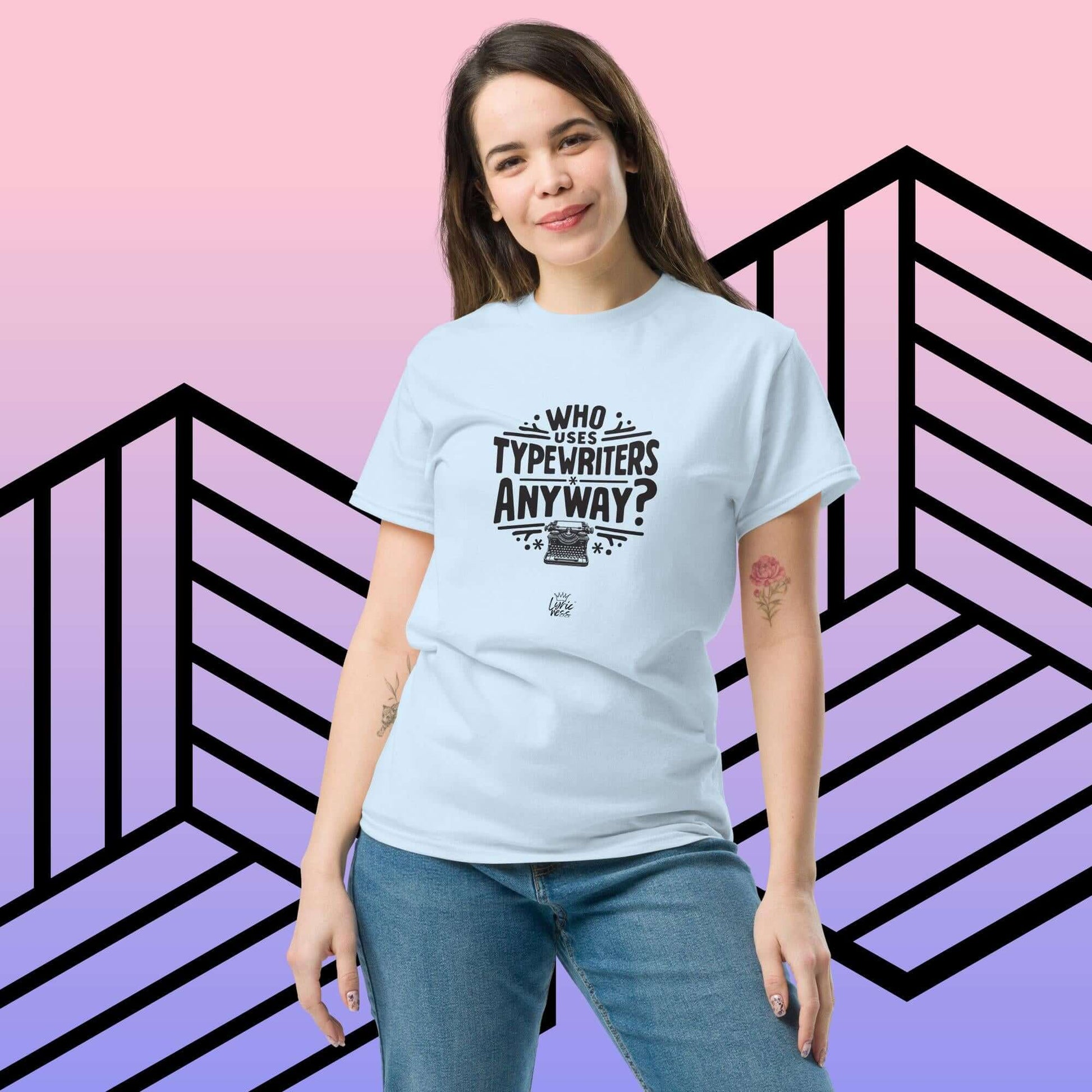 Woman wearing "Who Uses Typewriters Anyway?" short-sleeve unisex t-shirt against geometric backdrop