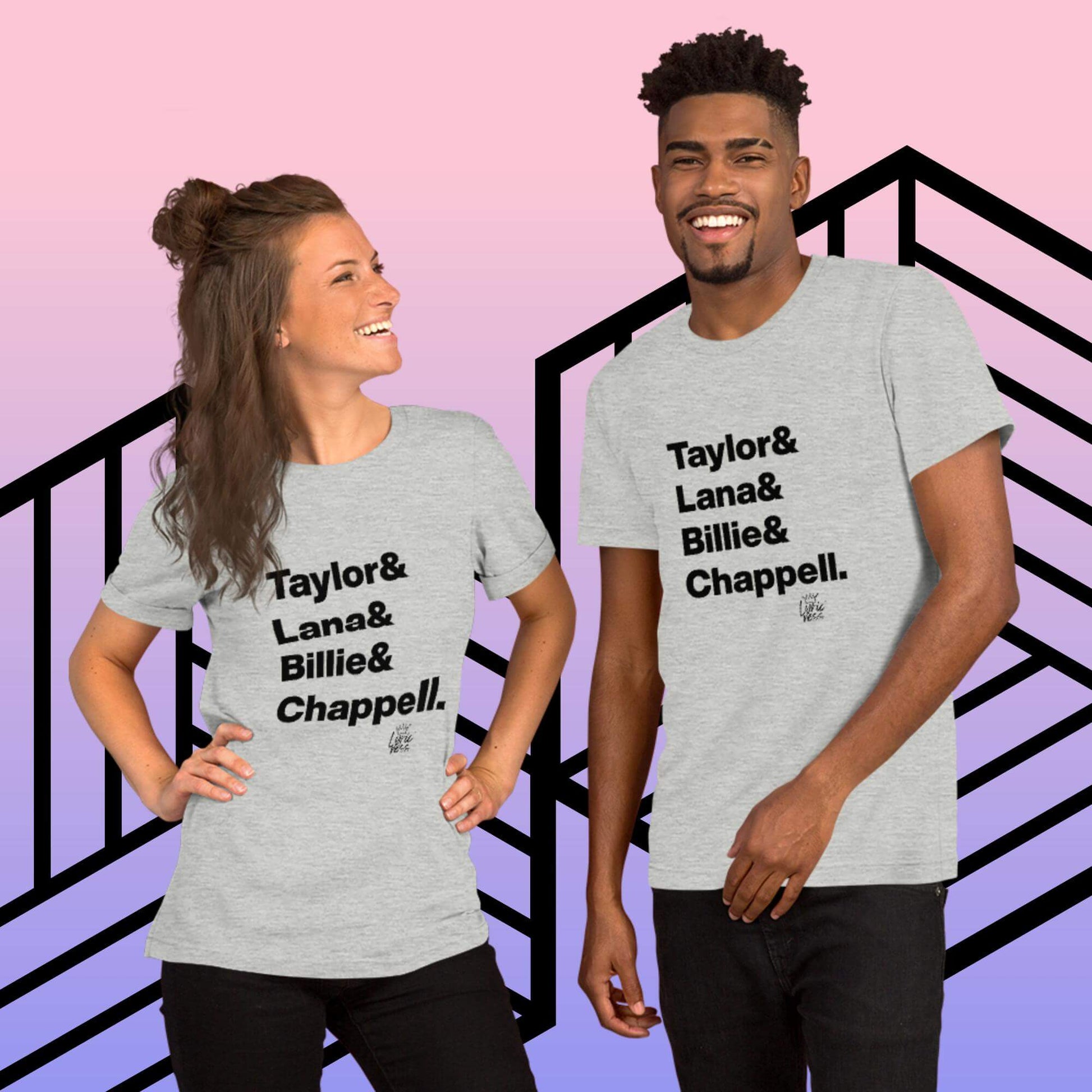 Two people wearing '2024 Music Royalty' short-sleeve unisex t-shirts featuring the names Taylor, Lana, Billie, and Chappell.