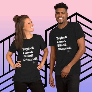 Two models wearing '2024 Music Royalty' t-shirts featuring names of Taylor Swift, Lana Del Ray, Billie Eilish, Chappell Roan against a geometric background.