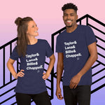 Two models wearing '2024 Music Royalty' Short-Sleeve Unisex T-Shirts featuring names Taylor Swift, Lana Del Ray, Billie Eilish, and Chappell Roan