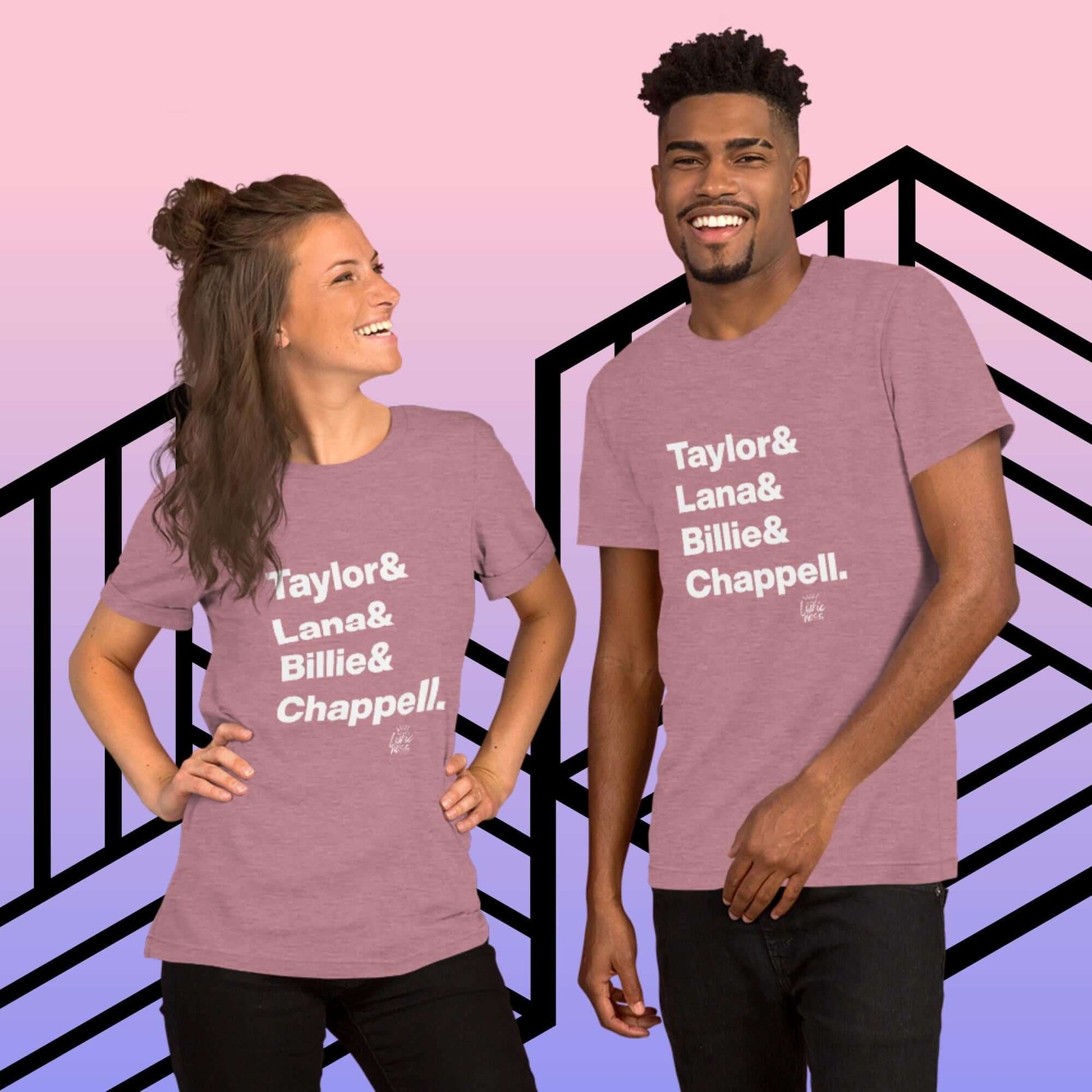 Two people wearing '2024 Music Royalty' short-sleeve unisex t-shirt featuring names of music icons on pink and blue gradient background