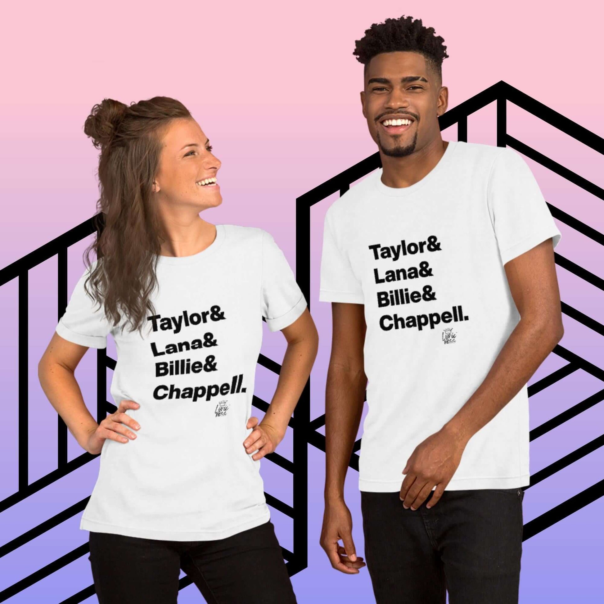 Two people wearing '2024 Music Royalty' short-sleeve unisex t-shirts celebrating Taylor Swift, Lana Del Rey, Billie Eilish, and Chappell Roan.