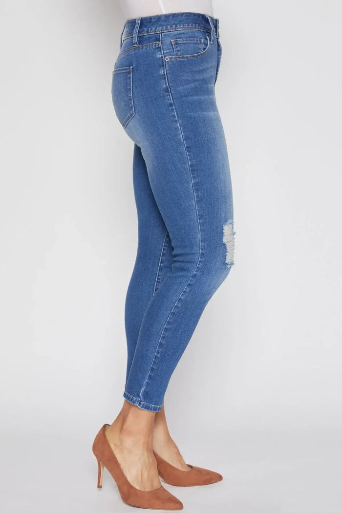 Missy Petite Hide Your Muffin Top Classic Skinny Jeans by YMI Jeans, high-rise waist, side view, paired with brown heels