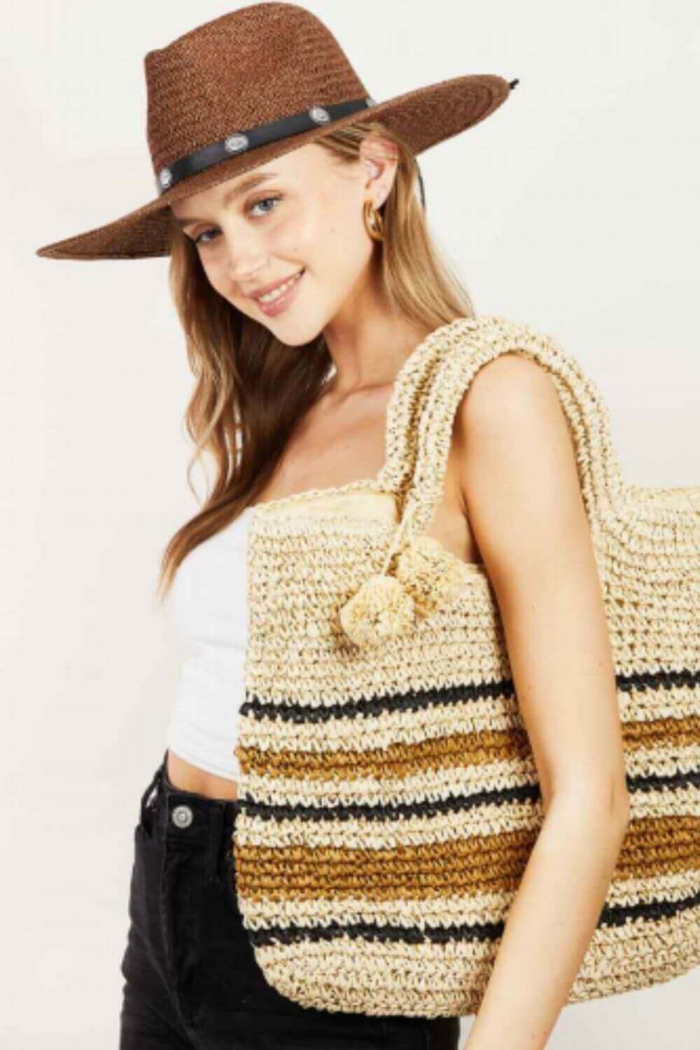 FAME Striped Straw Braided Tote Bag at Bella Road